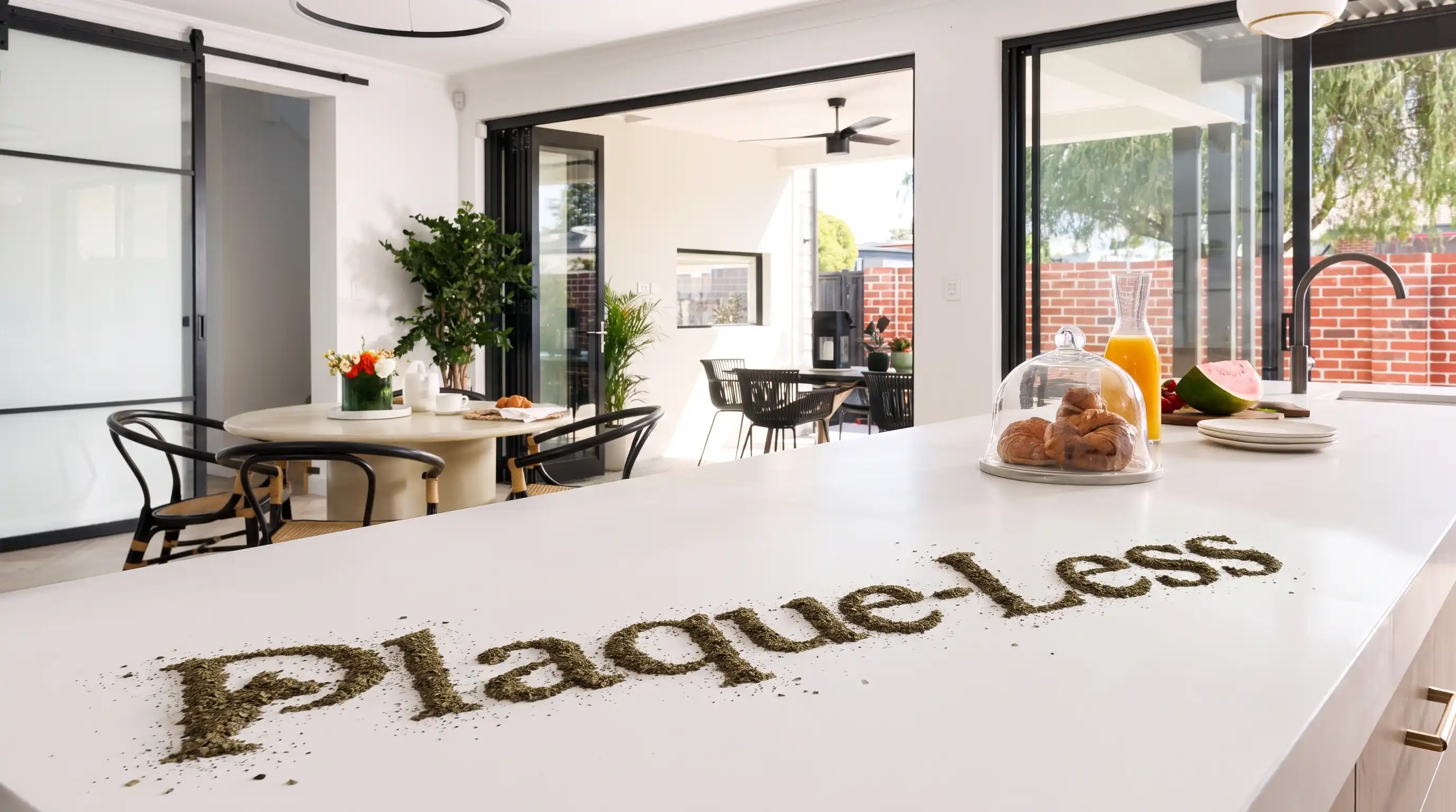 Tylas Plaque-Less natural dog dental powder on modern kitchen island counter